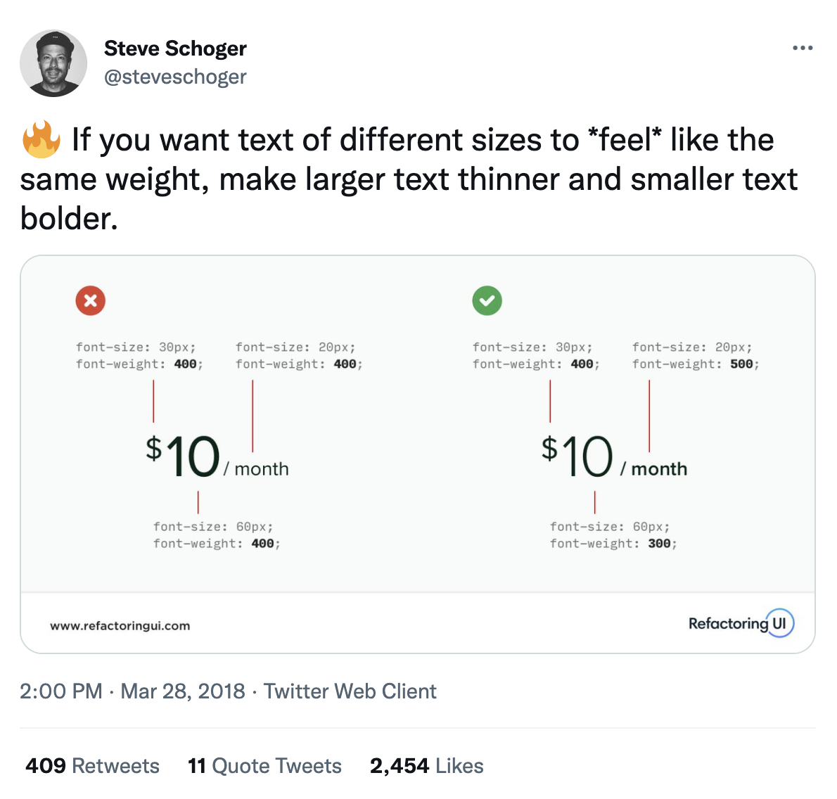 Tweet: “If you want text of different sizes to *feel* like the same weight, make larger text thinner and smaller text bolder.”